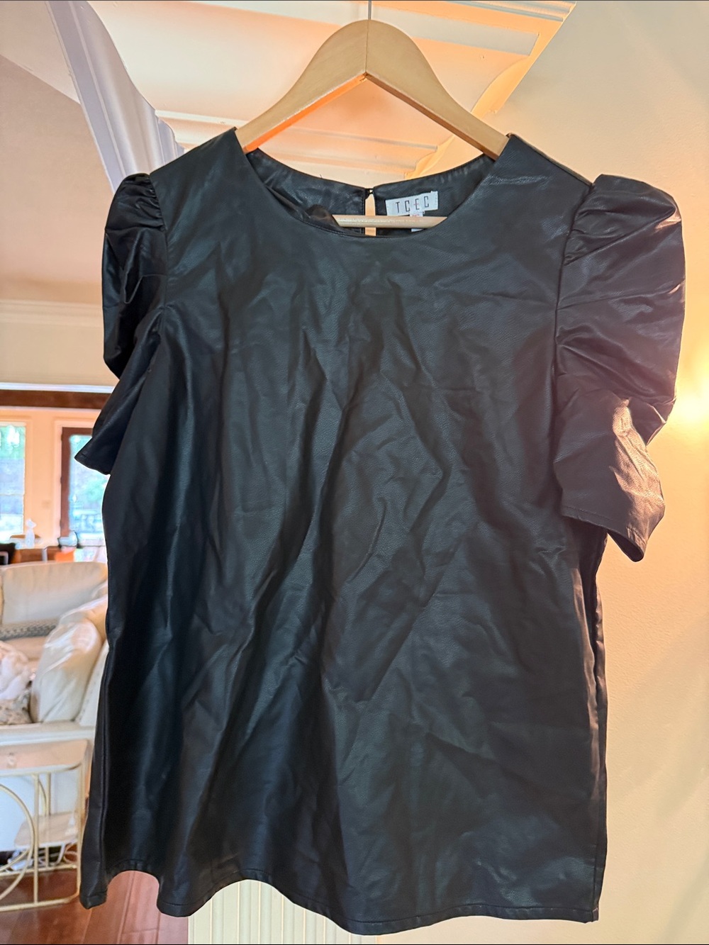 TLC Black Faux Leather Puff Sleeve Blouse